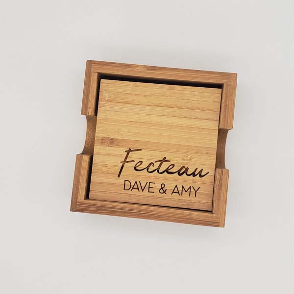 Personalized Engraved Bamboo Coaster Set - Wedding or Housewarming Gift - Sunny Box