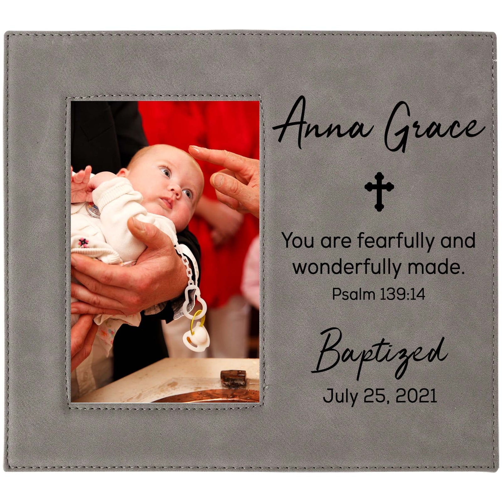 Baptism Custom Engraved Leatherette Picture Frame Gray - Sunny Box