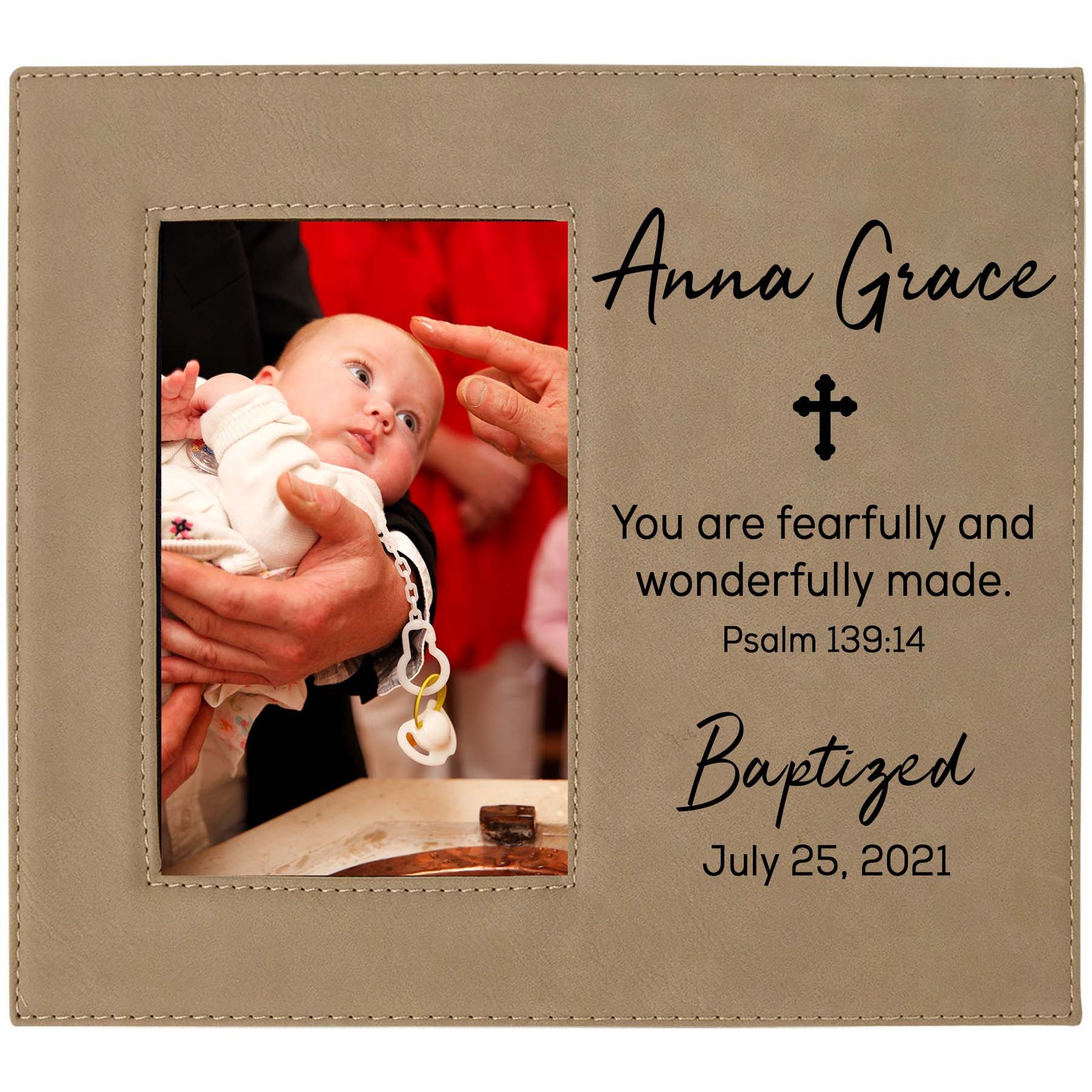 Baptism Custom Engraved Leatherette Picture Frame Light Brown - Sunny Box
