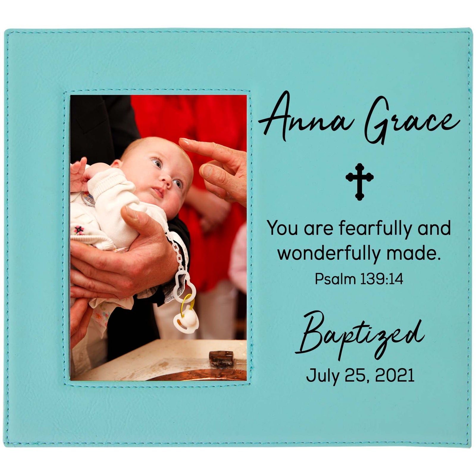 Baptism Custom Engraved Leatherette Picture Frame Teal - Sunny Box