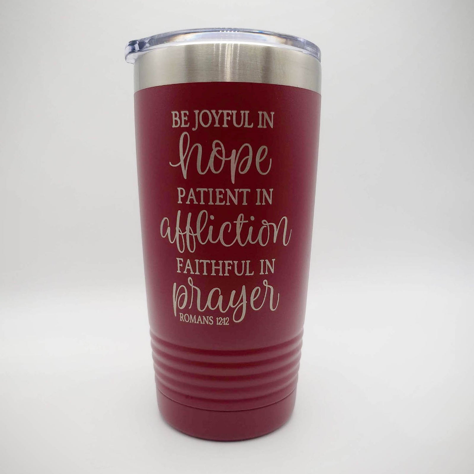 Be Joyful in Hope Romans 12:12 Engraved Polar Camel 20oz Maroon Tumbler by Sunny Box