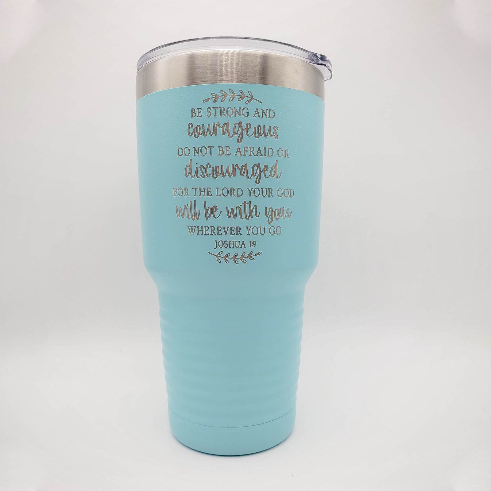 Be Strong and Courageous Joshua 1:9 Engraved Scripture Tumbler - 30oz Light Blue - Sunny Box