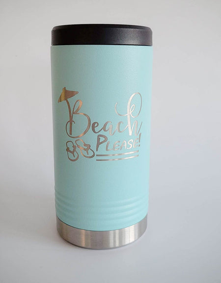 Beach Please - Engraved Slim Can Cooler Holder Polar Camel Teal - Sunny Box