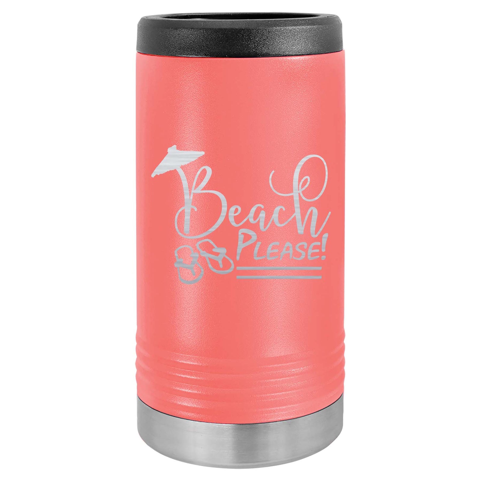 Beach Please Engraved Coral Polar Camel Slim Skinny Can Cooler - Sunny Box
