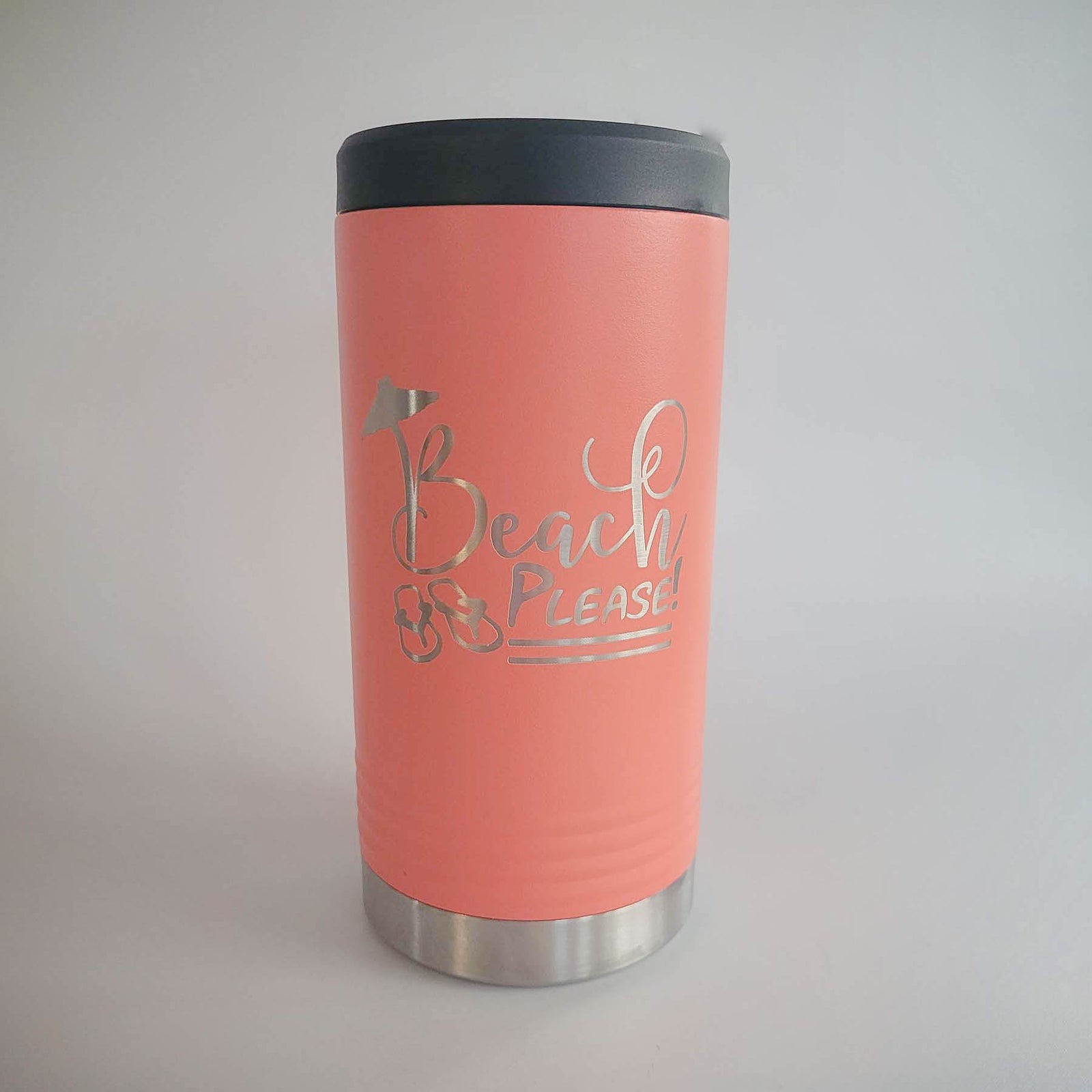 Beach Please - Engraved Slim Can Cooler Holder Polar Camel Coral - Sunny Box