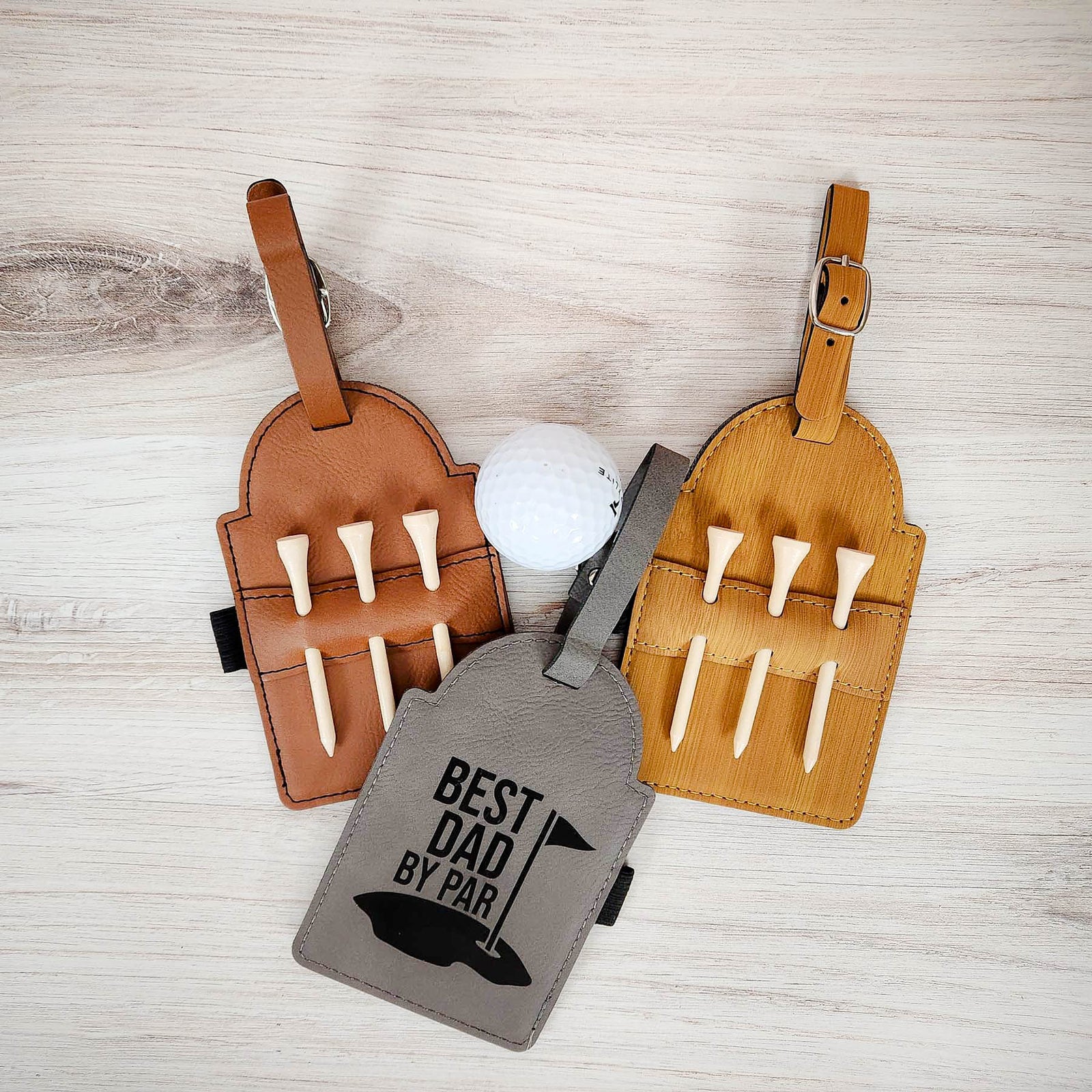 Best Dad By Par Engraved Leatherette Gray Bamboo Rawhide Golf Bag Tag with Tees by Sunny Box
