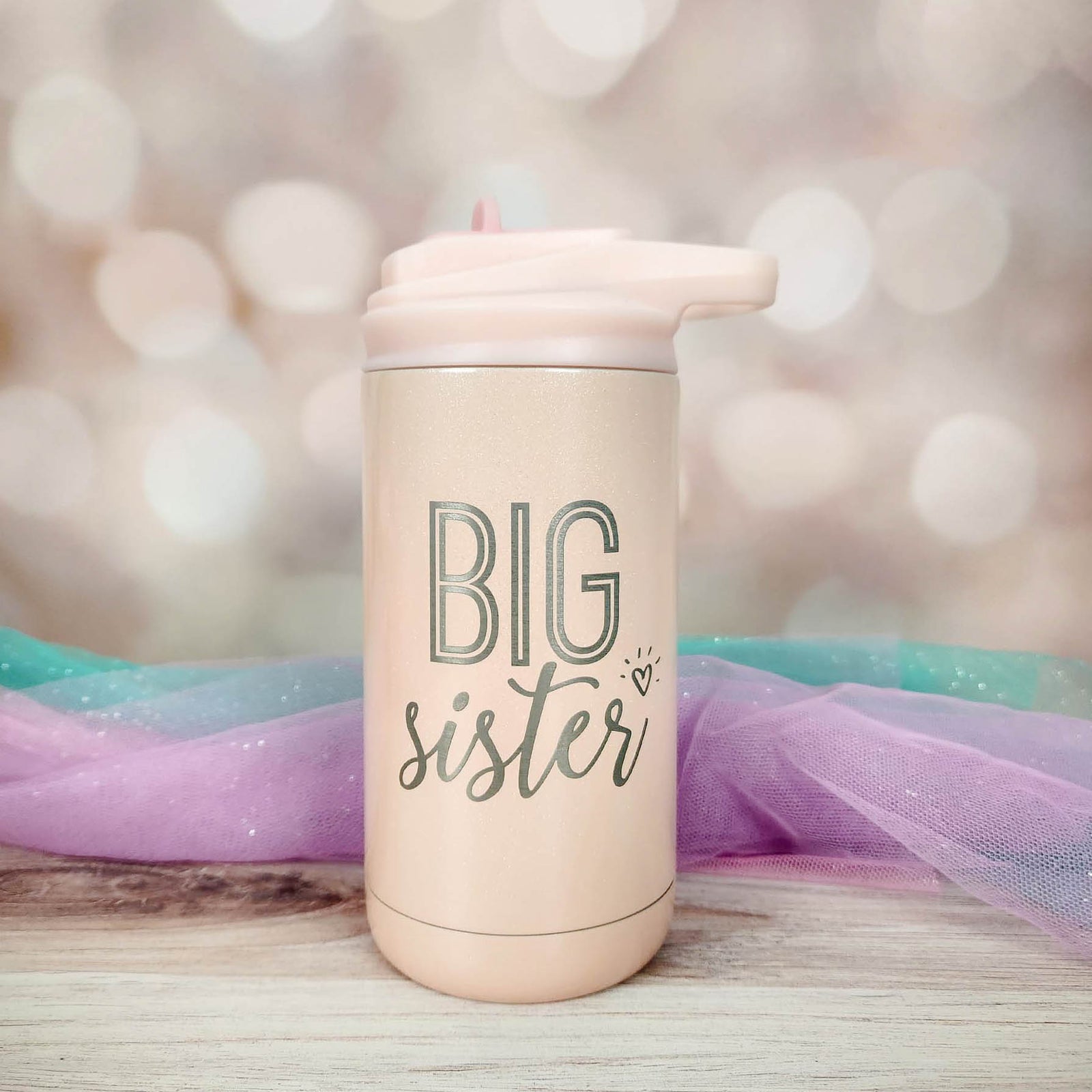Big Sister Engraved 12oz Water Bottle Blush Glitter by Sunny Box