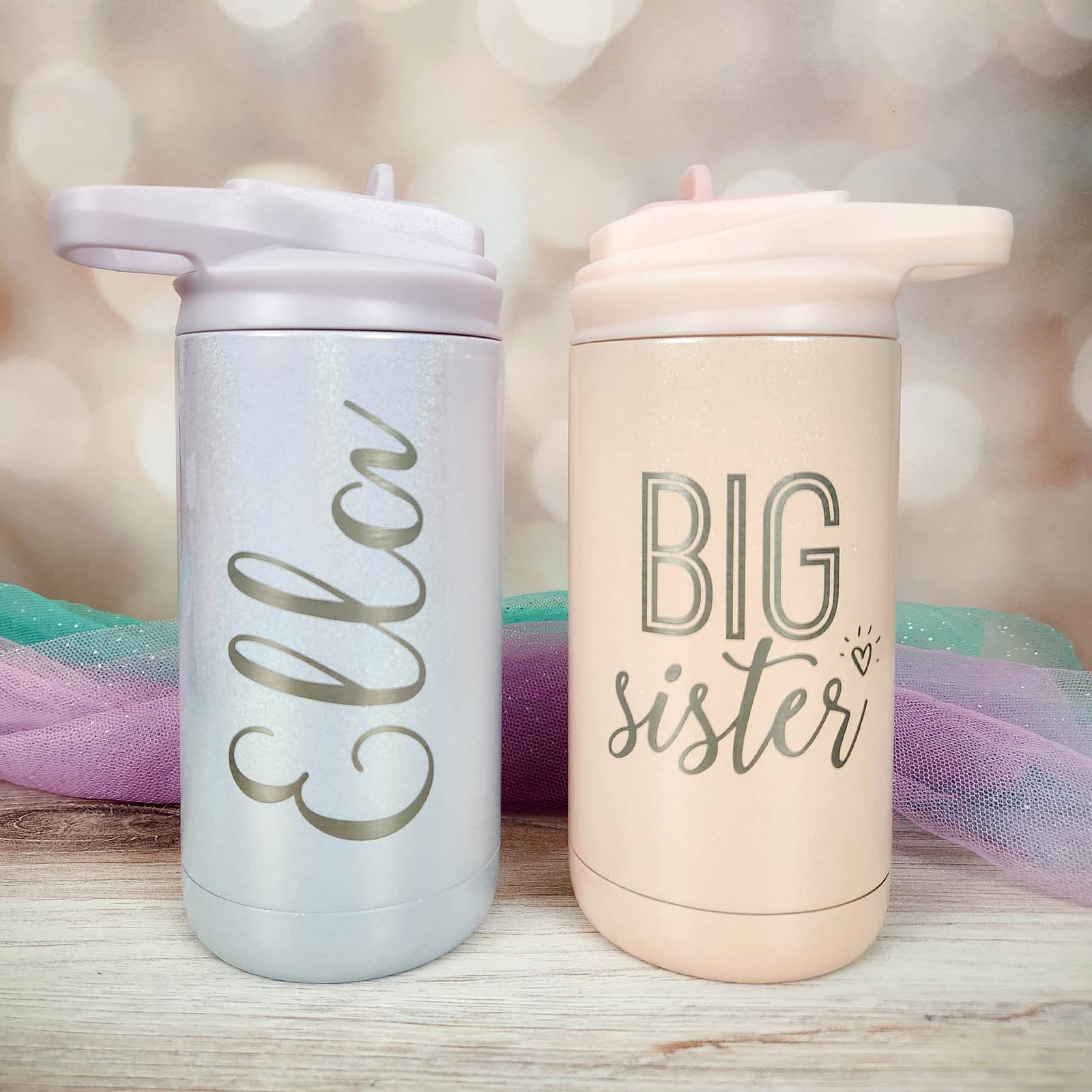 Big Sister Engraved 12oz Water Bottle Magic Mist Ombre Blush Glitter by Sunny Box