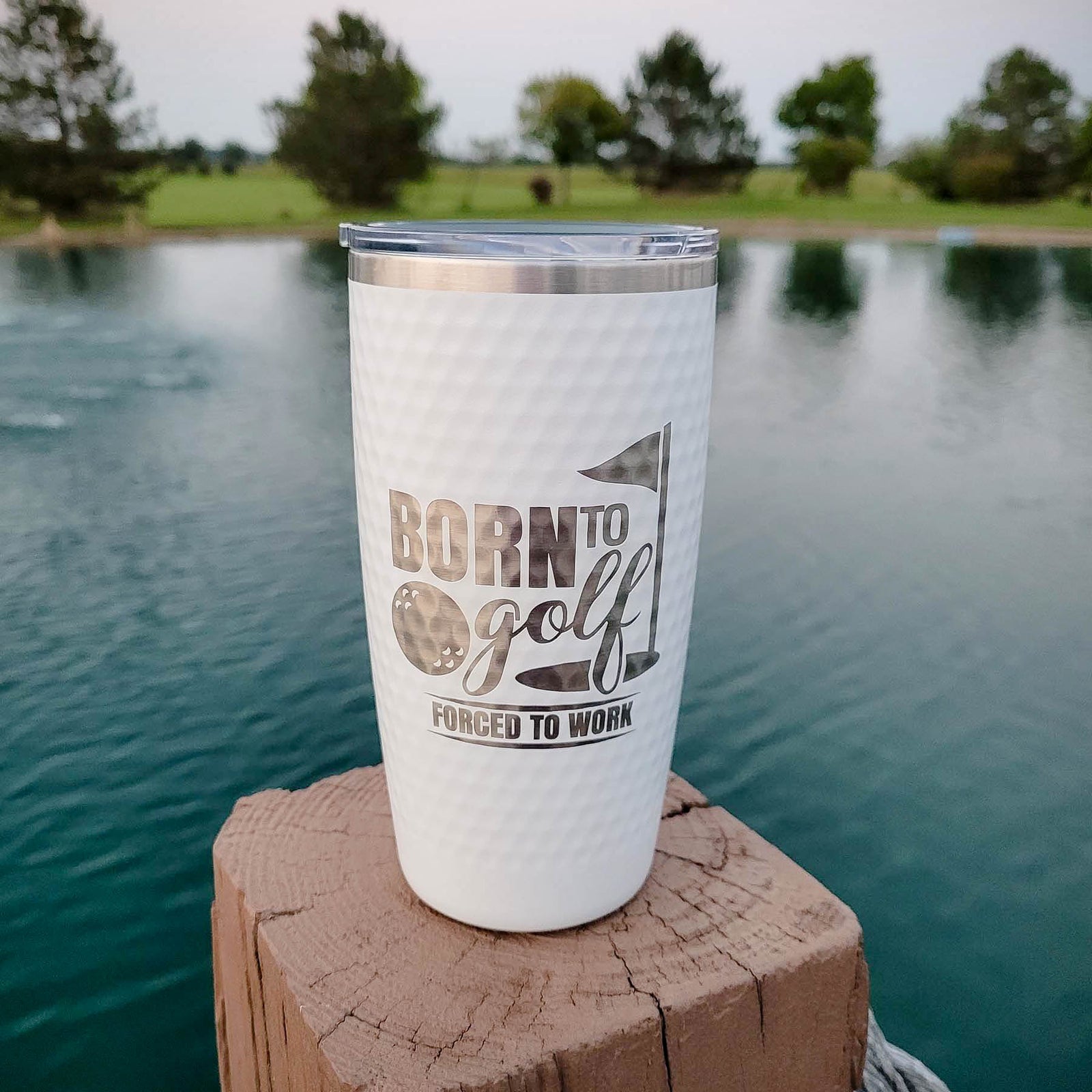 Born to Golf Forced to Work - Engraved 20oz White Dimple Golf Ball Polar Camel tumbler by Sunny Box