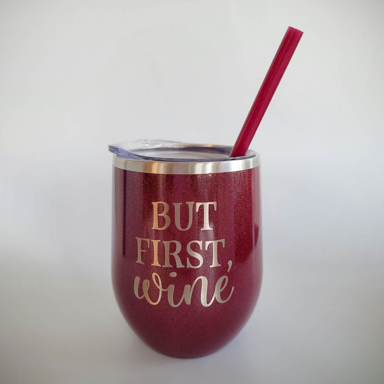 But First Wine Engraved 12oz Wine Tumbler Rosewood Glitter by Sunny Box