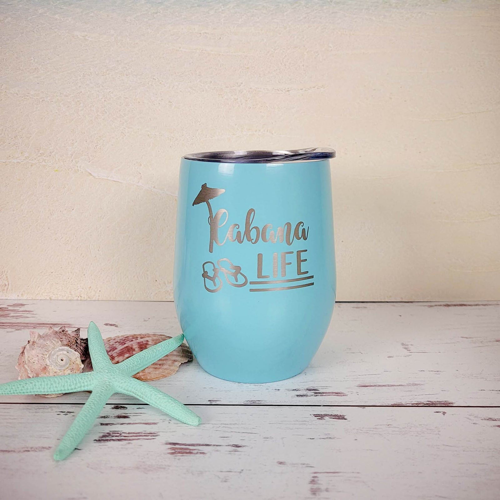 Cabana Life Engraved 9oz Light Blue Stemless Wine Tumbler by Sunny Box