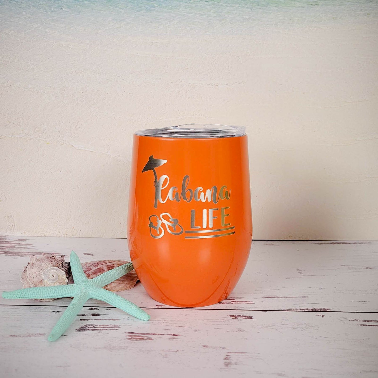 Cabana Life Engraved 9oz Orange Stemless Wine Tumbler by Sunny Box