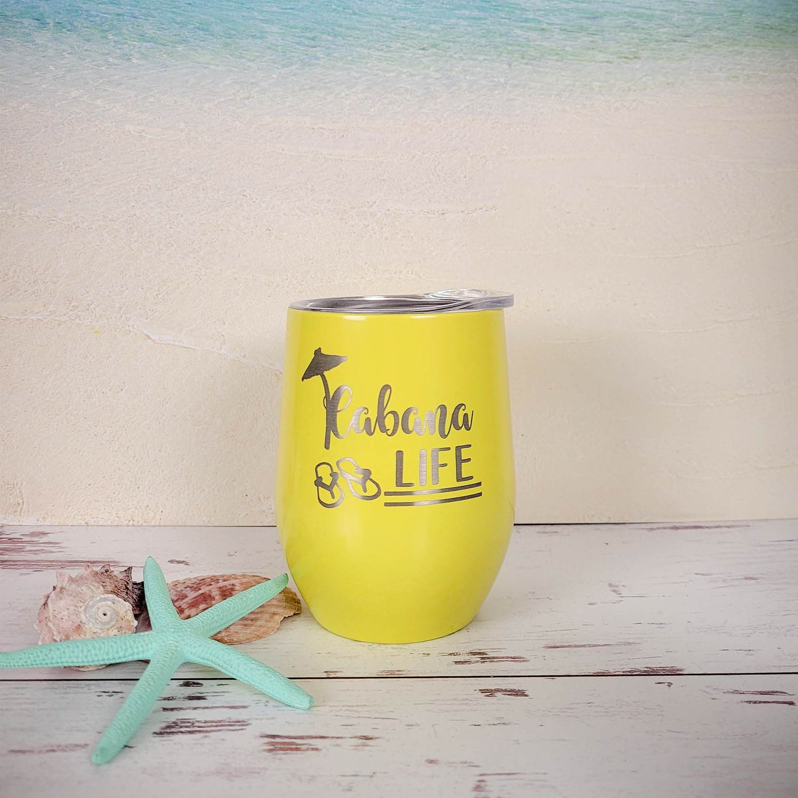Cabana Life Engraved 9oz Yellow Stemless Wine Tumbler by Sunny Box