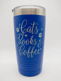 Cats Books & Coffee Engraved Tumbler Blue 20oz Sunny Box