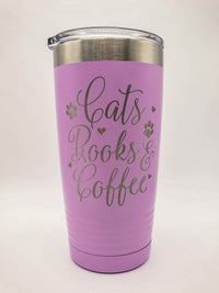 Cats Books & Coffee Engraved Tumbler Light Purple 20oz Sunny Box