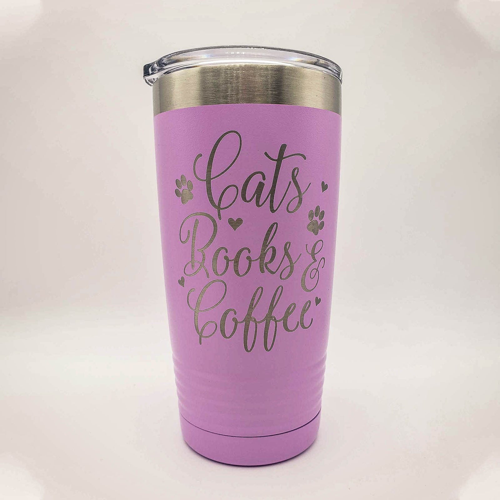 Cats Books & Coffee Engraved Tumbler Light Purple 20oz Sunny Box
