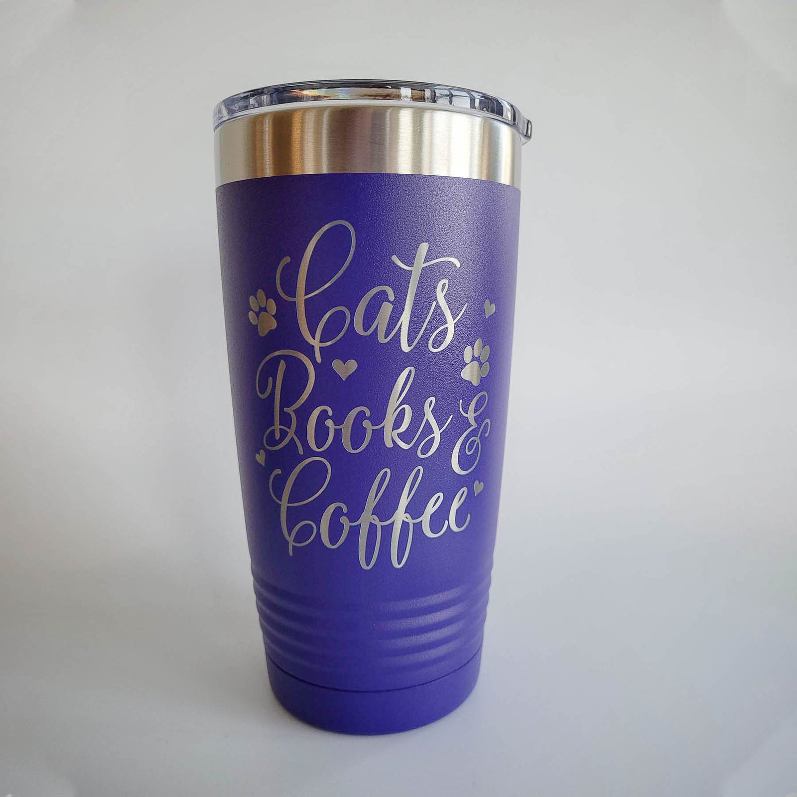 Cats Books & Coffee - Engraved 20oz Purple Tumbler by Sunny Box
