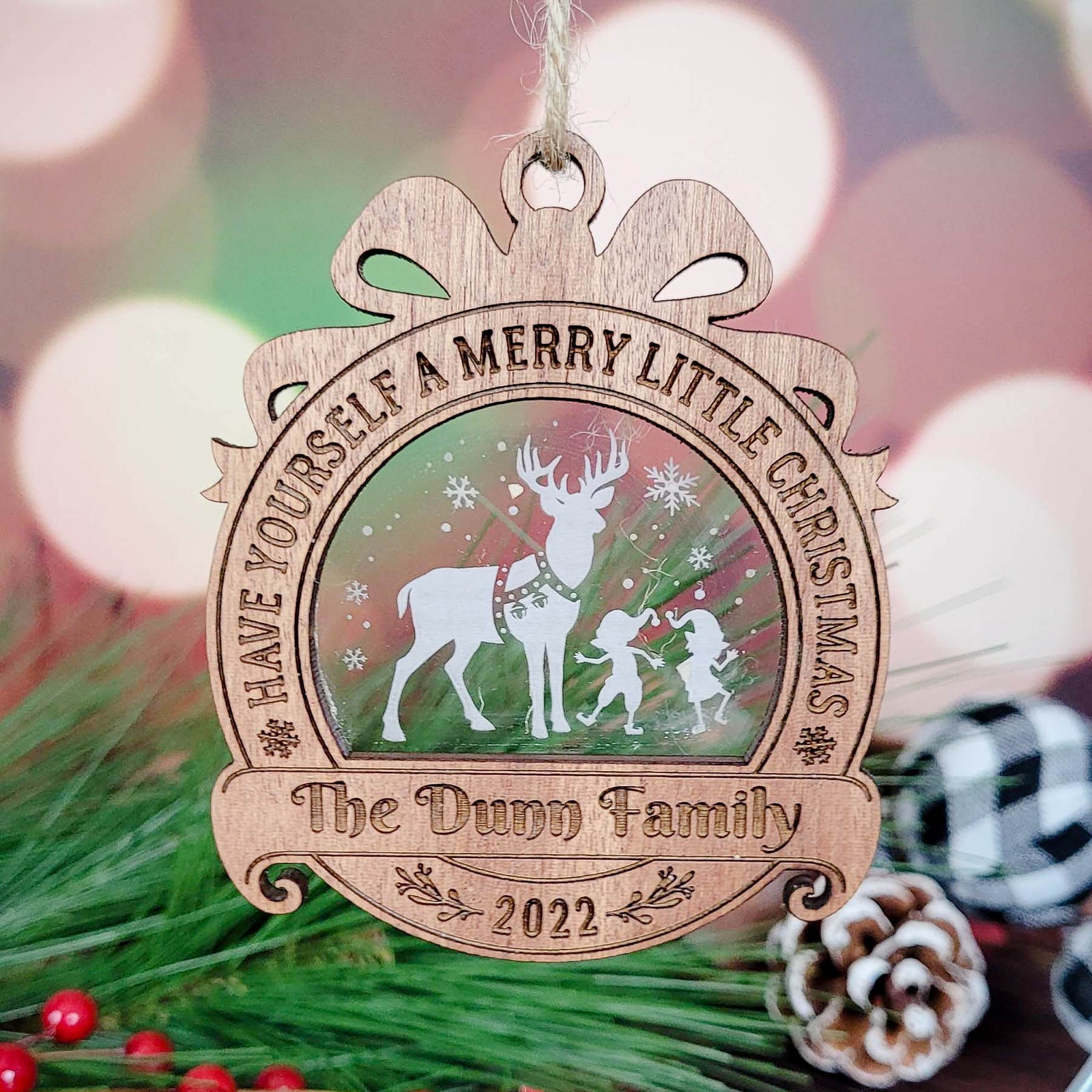 Personalized Christmas Ornament Reindeer and Elves by Sunny Box