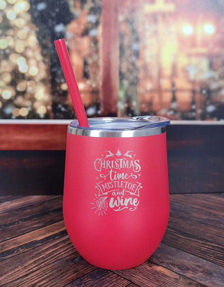 Christmas Time Mistletoe and Wine Engraved 12oz Wine Tumbler Red by Sunny Box