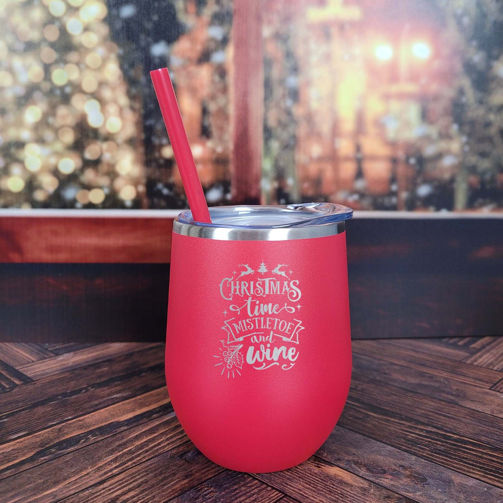 Christmas Time Mistletoe and Wine Engraved 12oz Wine Tumbler Red by Sunny Box