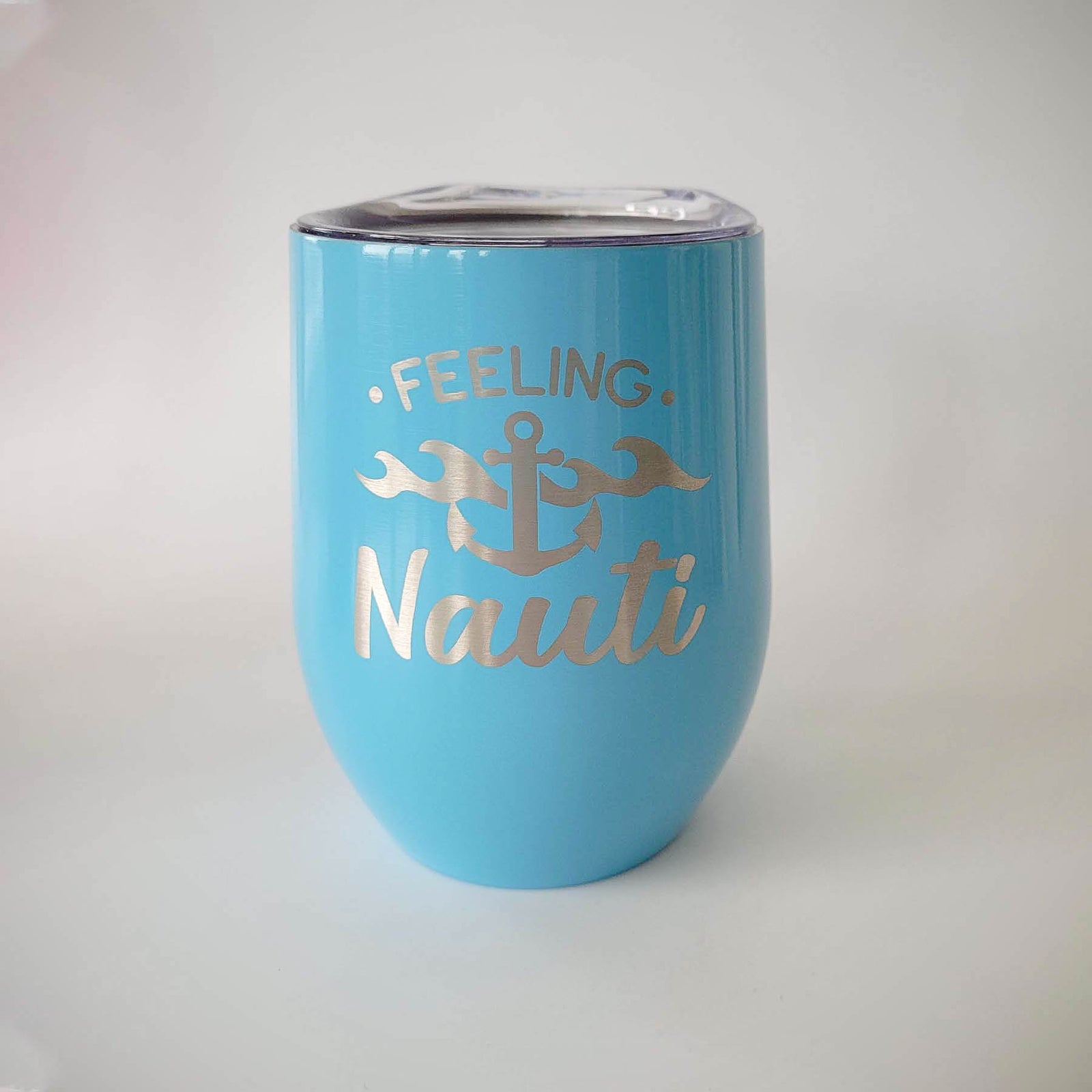 Feeling Nauti Engraved 9oz Stemless Wine Tumbler Light Blue by Sunny Box