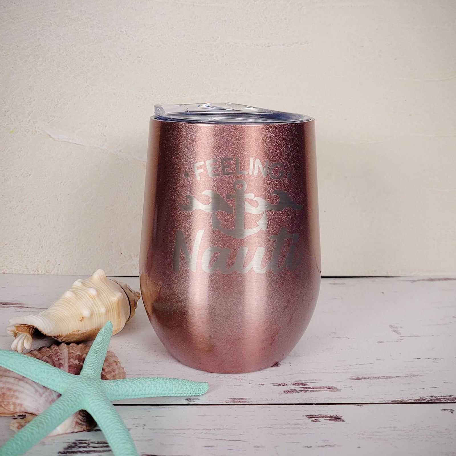 Feeling Nauti Engraved 9oz Stemless Wine Tumbler Rose Gold by Sunny Box