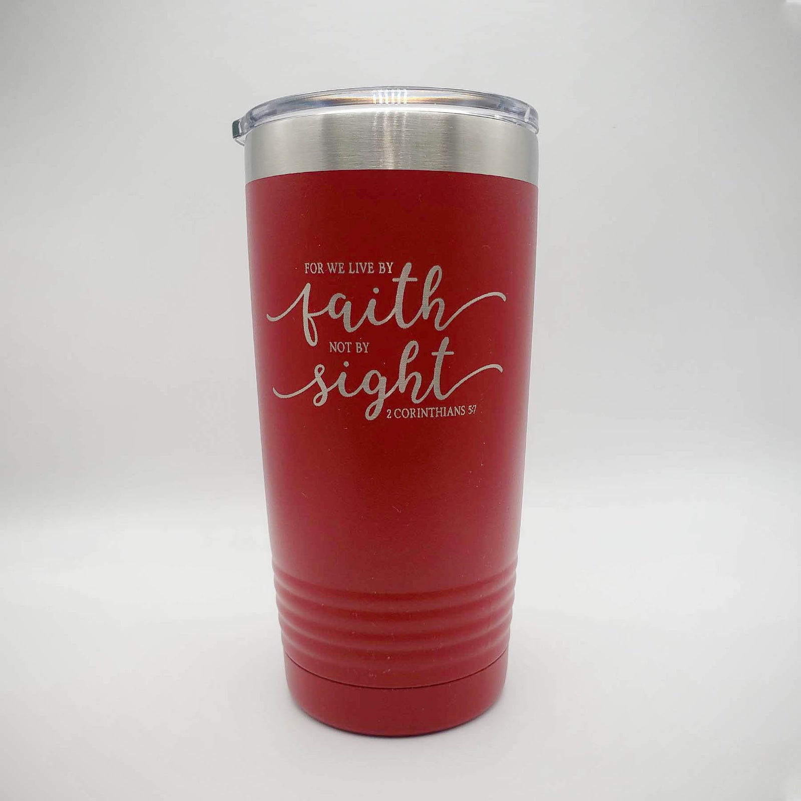 For We Live By Faith - 2 Cor 5:7 Engraved Scripture Tumbler Polar Camel 20oz Red - Sunny Box