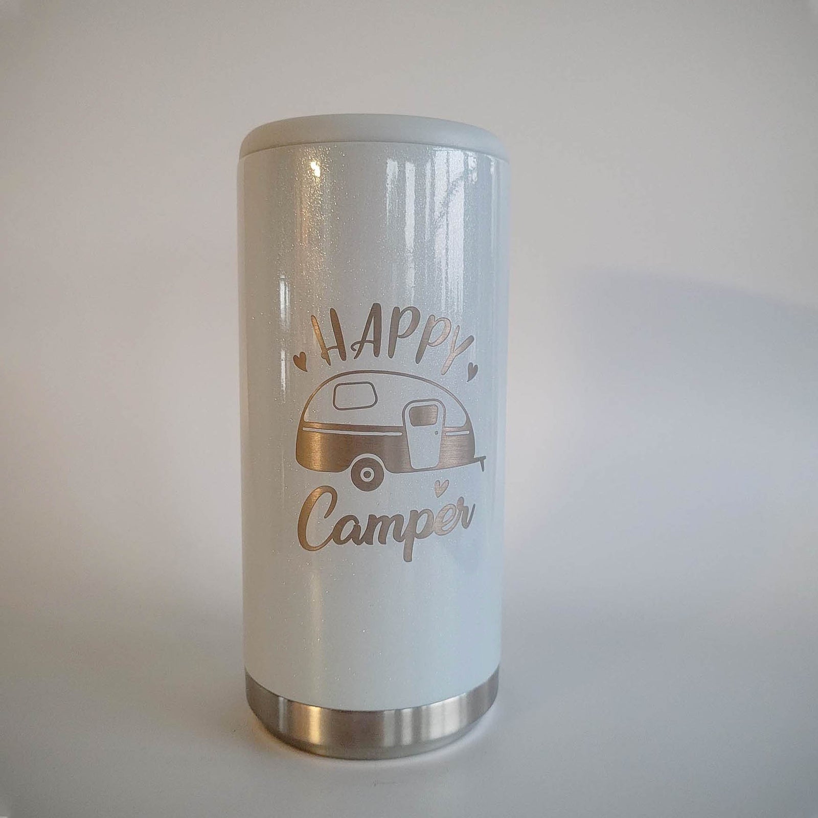 Happy Camper - Engraved Skinny Can Cooler Iceberg Glitter - Sunny Box