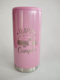 Happy Camper - Engraved Skinny Can Cooler Pink Magic Glitter - Sunny Box