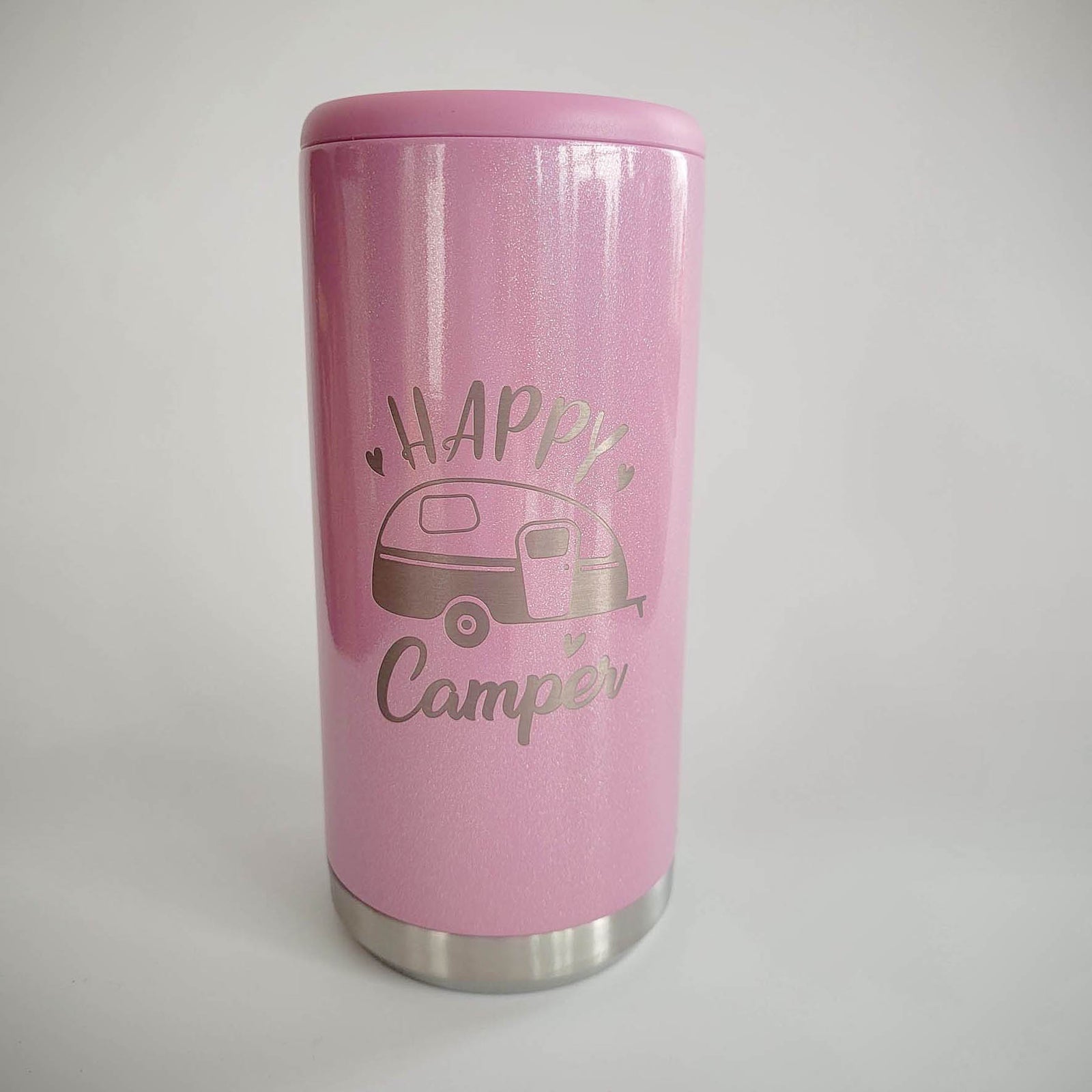 Happy Camper - Engraved Skinny Can Cooler Pink Magic Glitter - Sunny Box