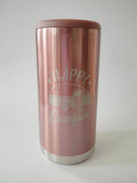 Happy Camper Engraved Skinny Can Cooler Rose Gold Glitter by Sunny Box