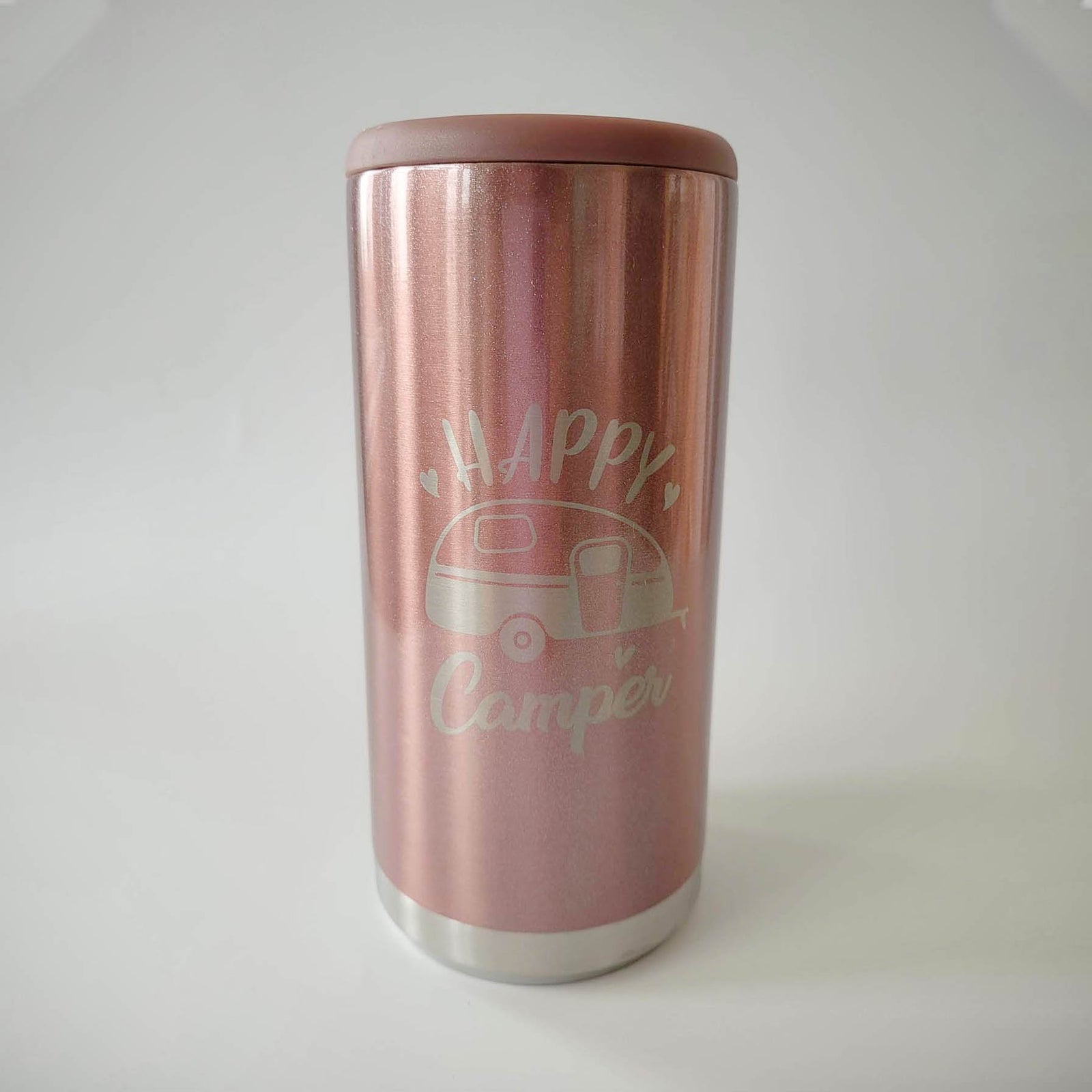 Happy Camper Engraved Skinny Can Cooler Rose Gold Glitter by Sunny Box