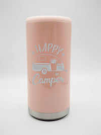 Happy Camper Engraved Skinny Can Cooler Blush Glitter by Sunny Box
