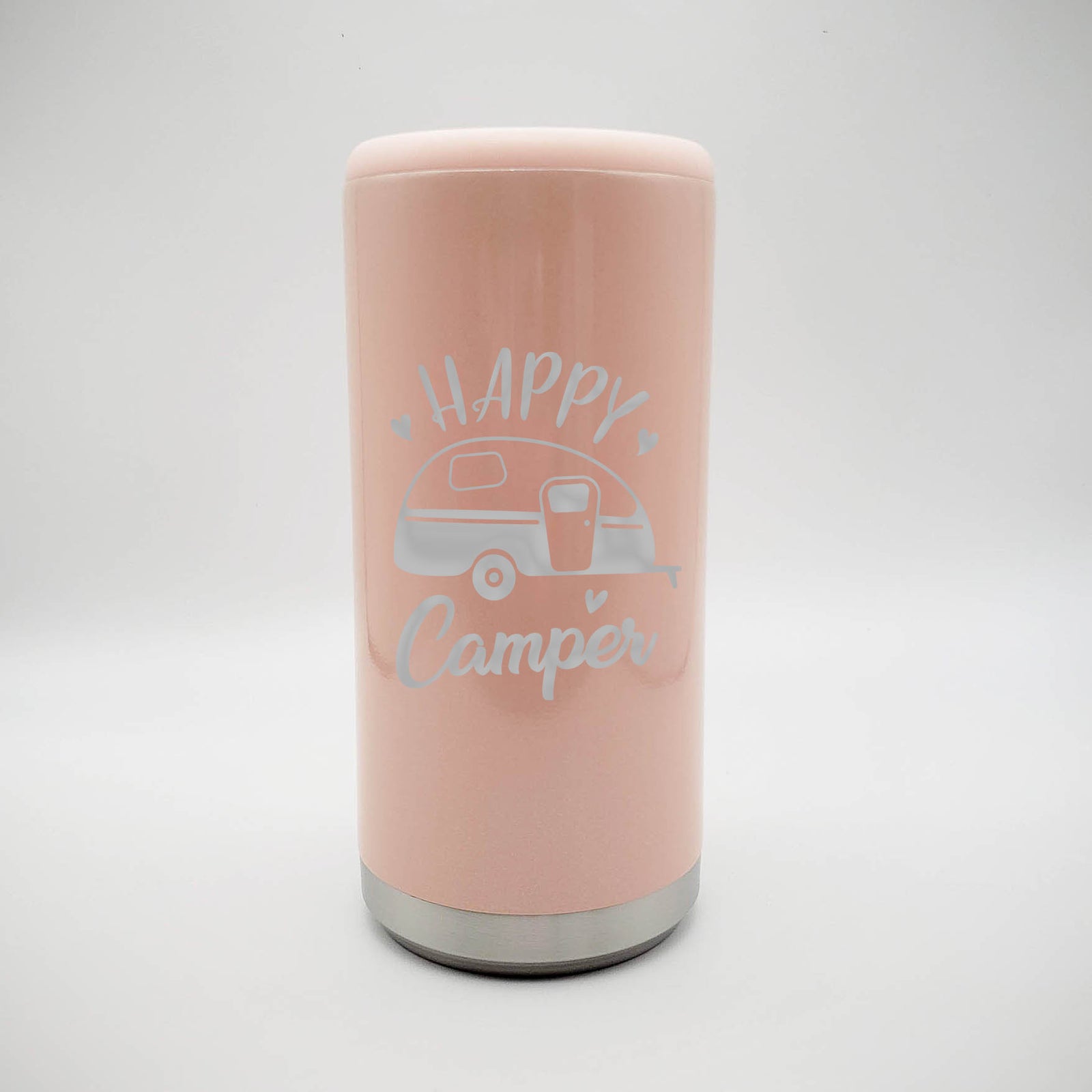 Happy Camper Engraved Skinny Can Cooler Blush Glitter by Sunny Box