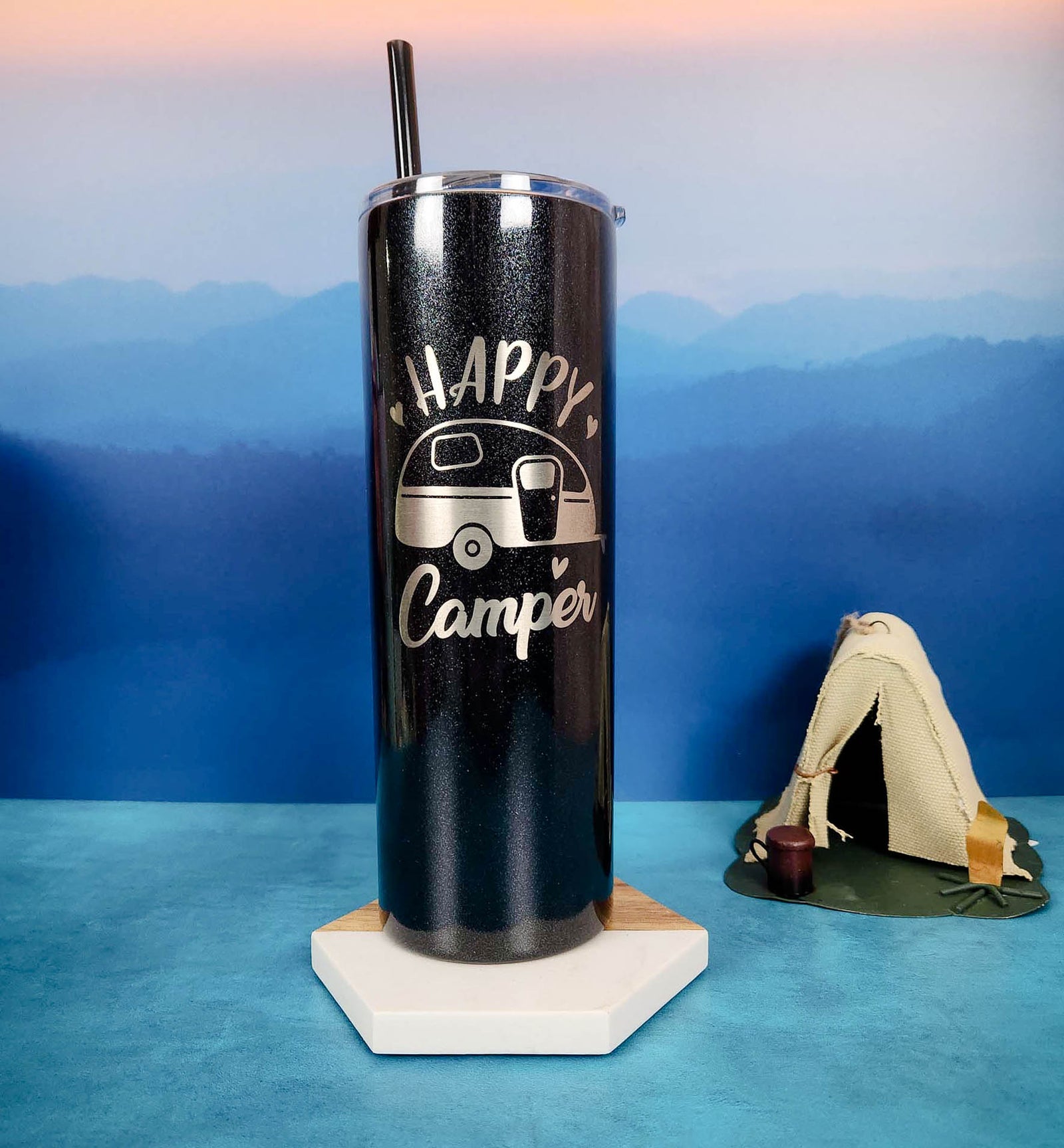 Happy Camper Engraved Skinny Tumbler by Sunny Box
