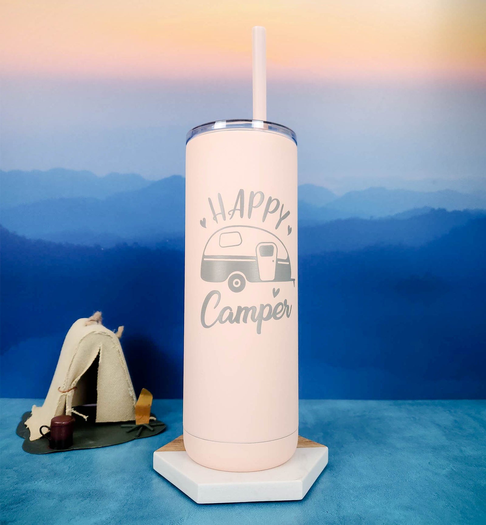 Happy Camper Engraved Skinny Tumbler by Sunny Box