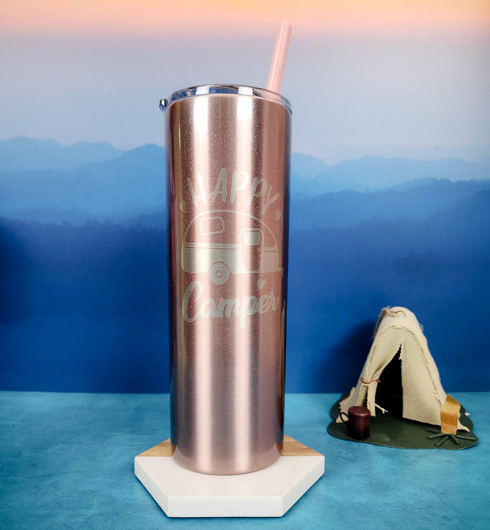 Happy Camper Engraved Skinny Tumbler by Sunny Box