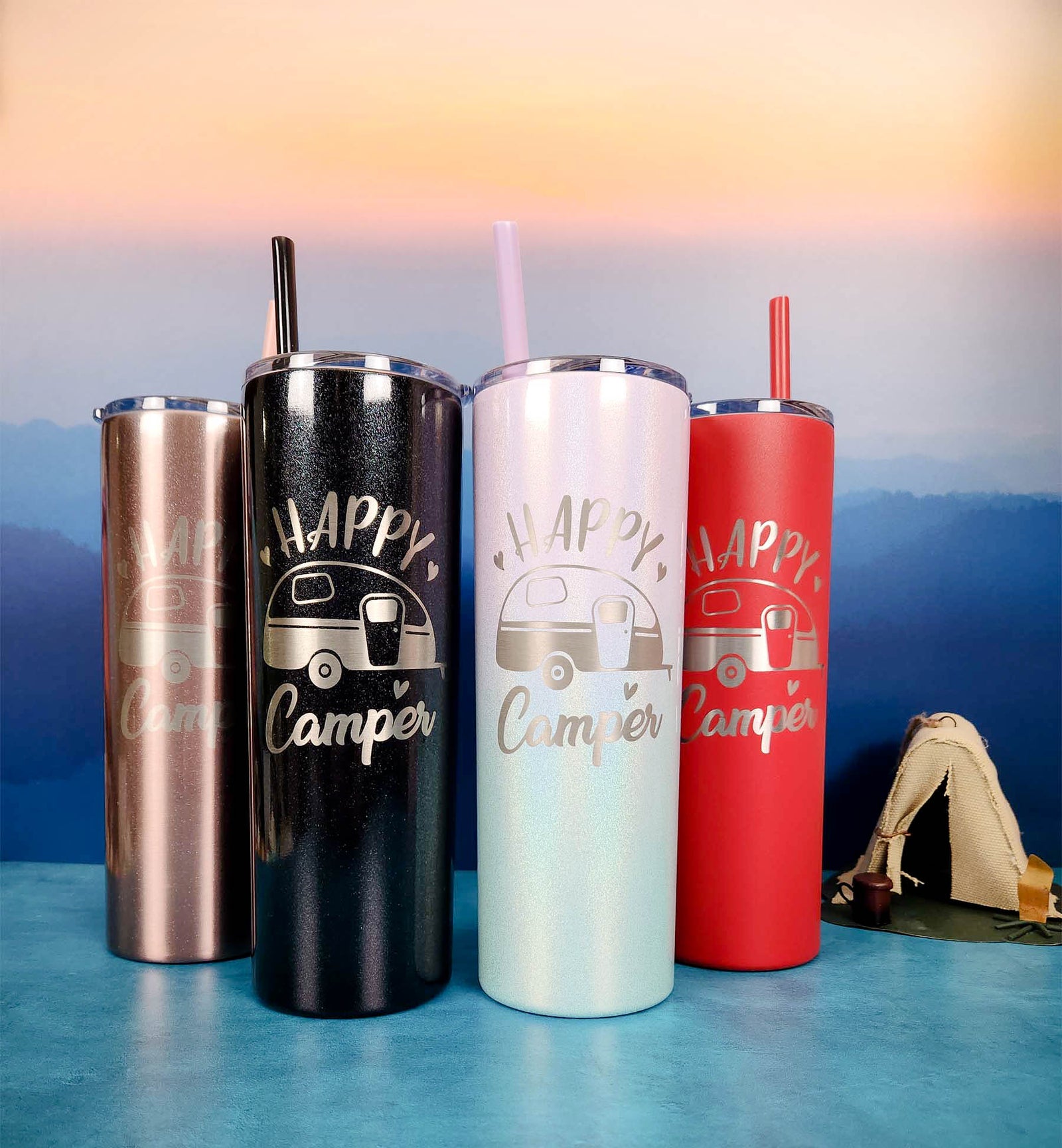 Happy Camper Engraved Skinny Tumbler by Sunny Box