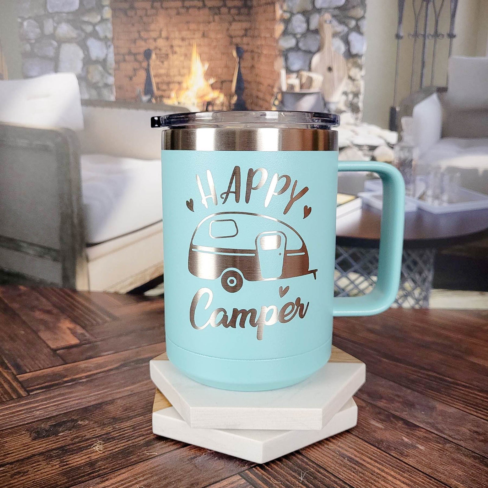 Happy Camper - Engraved 15oz Mug Teal Polar Camel - Sunny Box