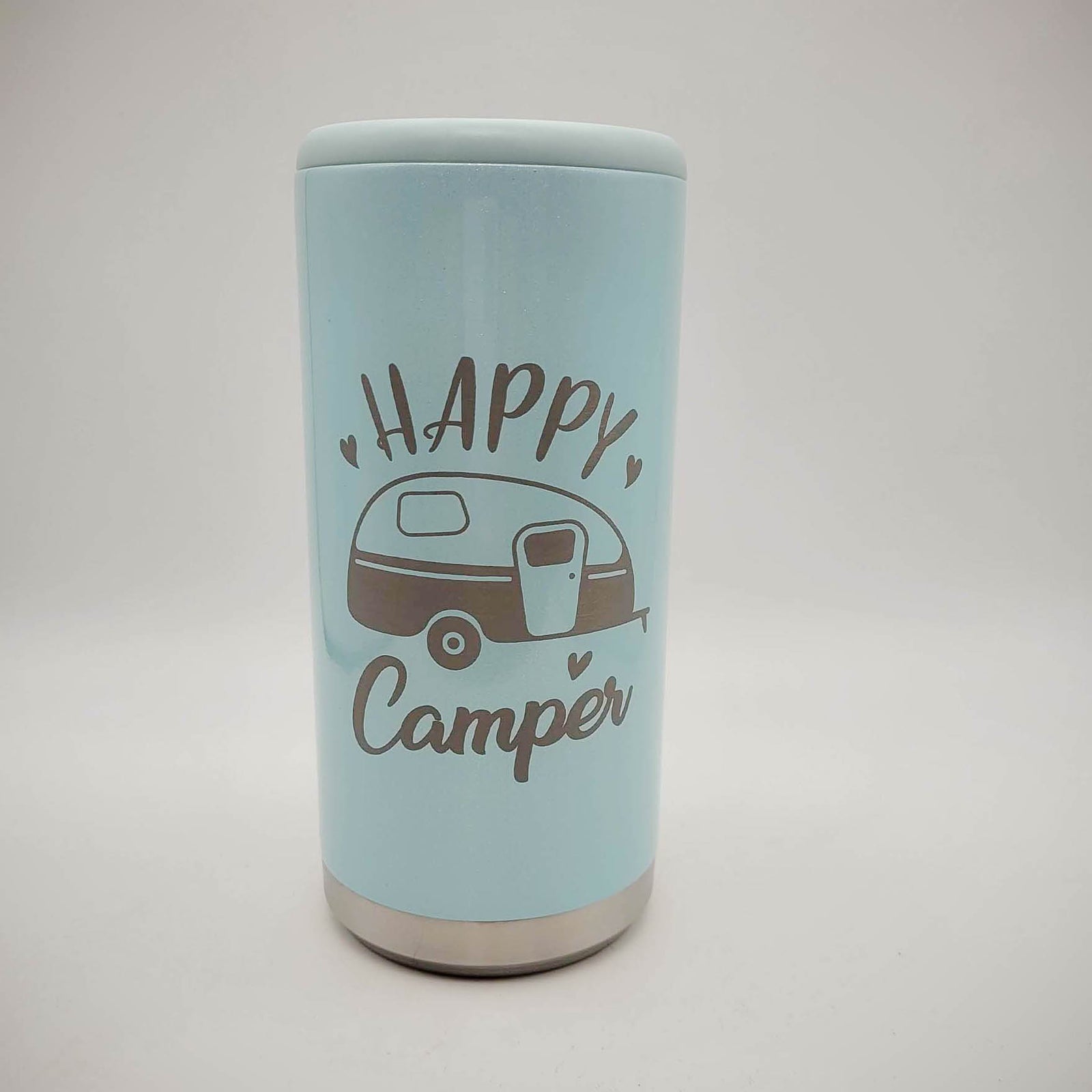 Happy Camper - Engraved Skinny Can Cooler Iceberg Glitter - Sunny Box