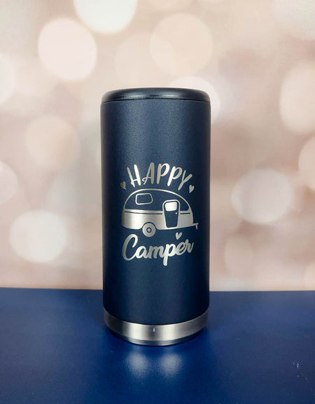 Happy Camper - Engraved Skinny Can Cooler Navy Matte - Sunny Box