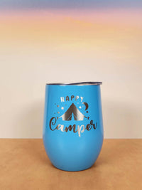 Happy Camper Tent Camping - Engraved Wine Tumbler - Light Blue 9oz - Sunny Box