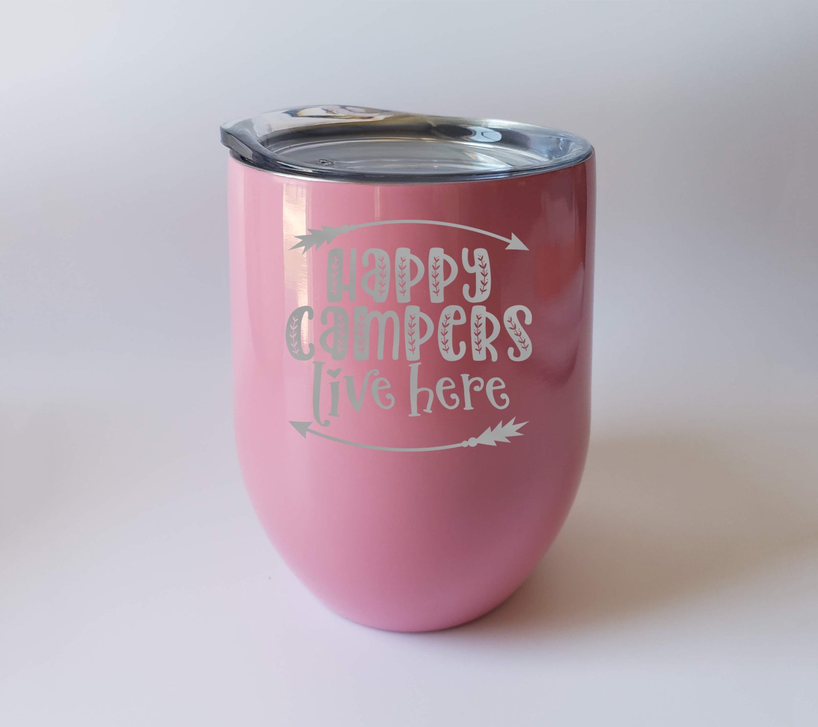 Happy Campers Live Here - Engraved 9oz pink wine tumbler - Sunny Box