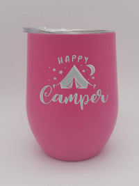 Happy Camper Tent Camping - Engraved Wine Tumbler - Pink 9oz - Sunny Box