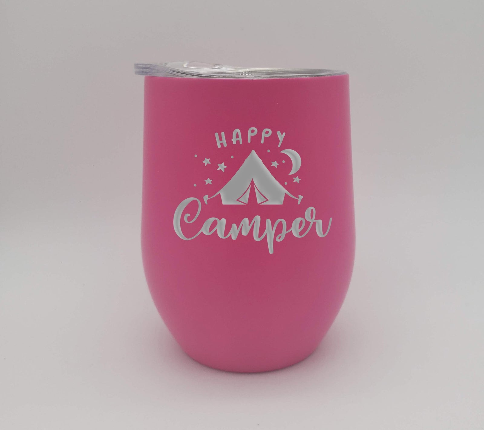 Happy Camper Tent Camping - Engraved Wine Tumbler - Pink 9oz - Sunny Box