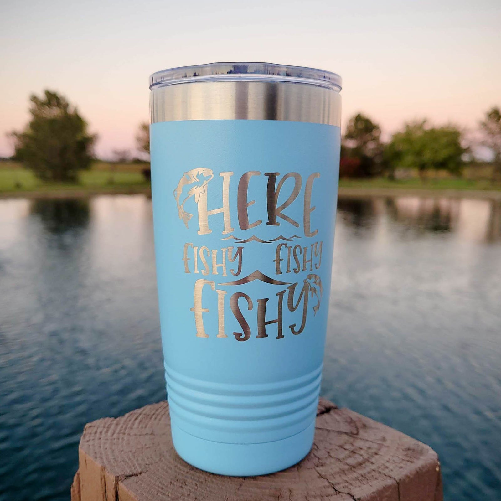 Here Fishy Fishy Engraved 20oz Light Blue Polar Camel Tumbler - Sunny Box