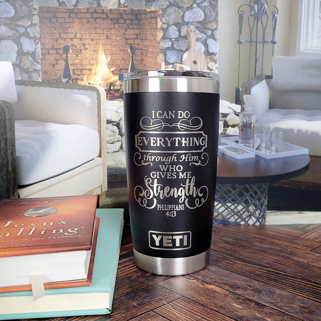 Philippians 4:13 Engraved Tumbler, Personalized Motivational Gift for Men,  Scripture or Bible Verse Cup, Christian Present for Man 