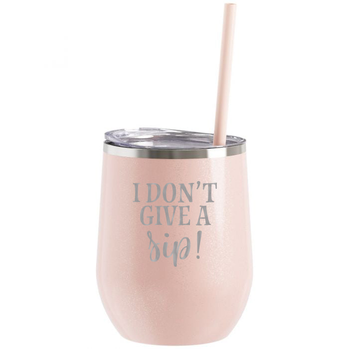 I Don't Give A Sip Engraved 12oz Wine Tumbler Blush Glitter by Sunny Box