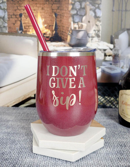 I Don't Give A Sip Engraved 12oz Wine Tumbler Rosewood Glitter Glitter by Sunny Box