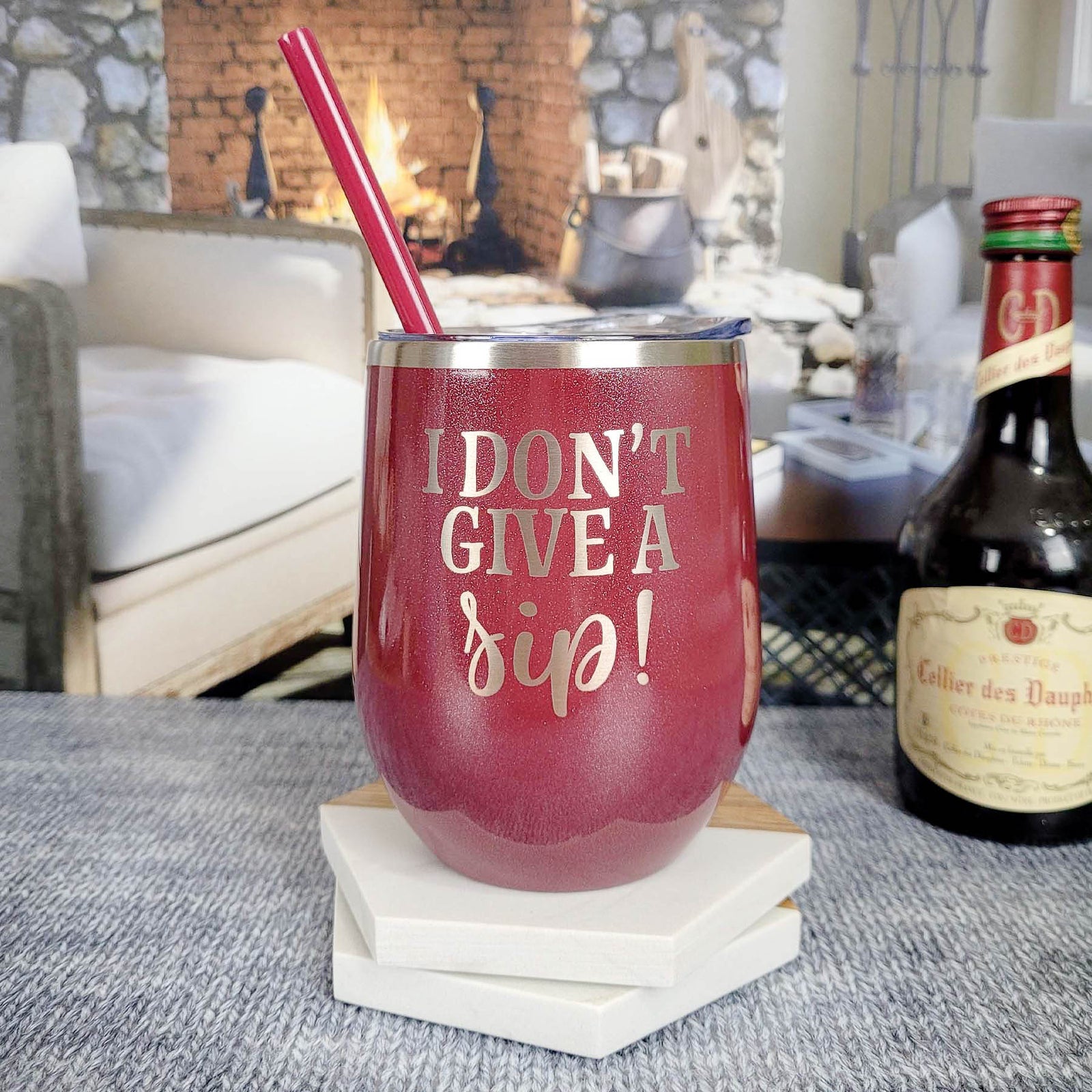 I Don't Give A Sip Engraved 12oz Wine Tumbler Rosewood Glitter Glitter by Sunny Box